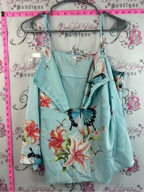 La Vie En Rose set 2 pieces top and pants matching Turquoise Floral & Butterfly